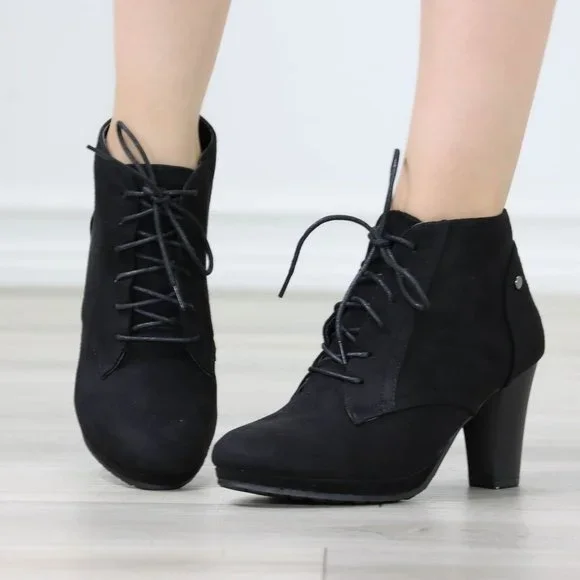 Womens Ankle Boots Lace Up Block Heel Booties Black Faux Suede - Picture 12 of 12